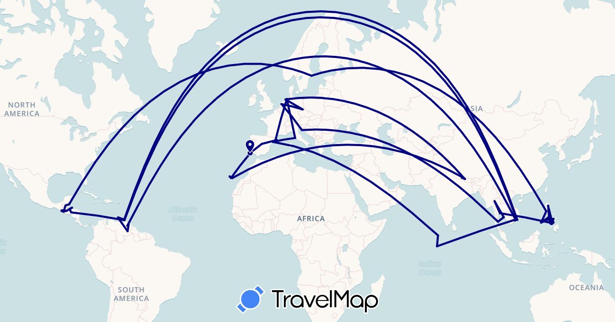 TravelMap itinerary: driving in Belize, Germany, Spain, Guatemala, Honduras, Croatia, Italy, Maldives, Netherlands, Nepal, Philippines, Portugal, Sweden, Thailand, Venezuela, Vietnam (Asia, Europe, North America, South America)